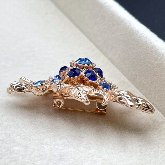 Rose Gold with Dark and Light Blue Sapphire Flower Leaf Bouquet Pin Back Brooch - Picture 6 of 8